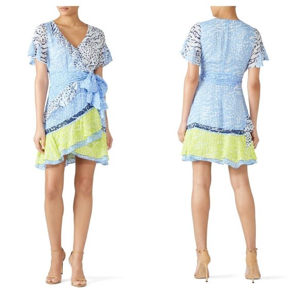 NEW Tanya Taylor Size 4 Silk Mixed Print Bianka Faux Wrap Ruffled Mini Dress